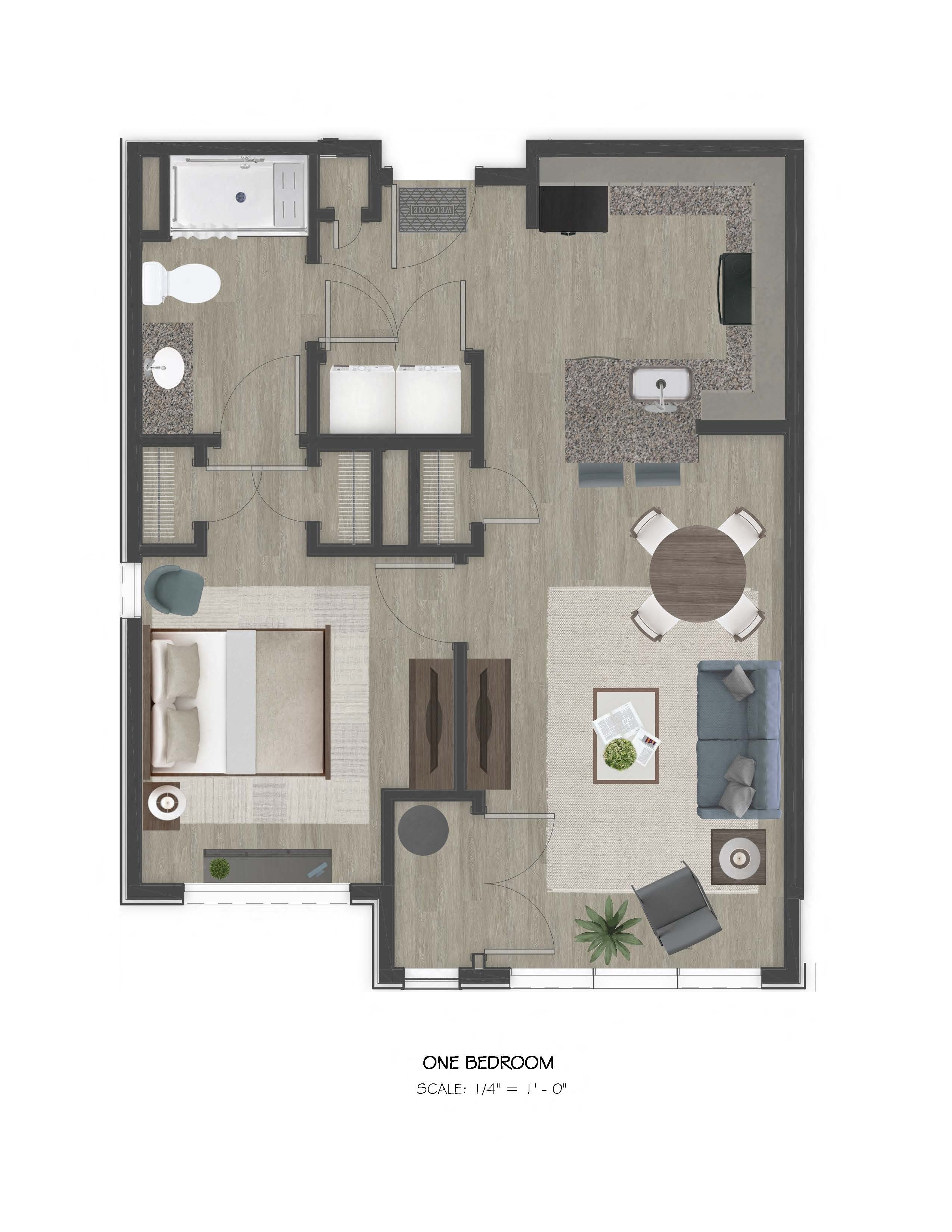 Floor plan for 1 bed, 1 bath, 644 sqft